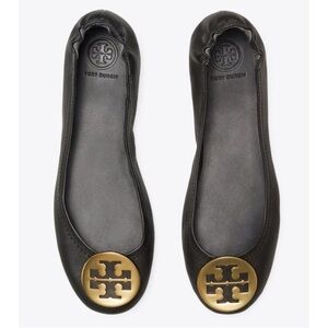 Tory Burch Reva Black Leather Flats with Gold Logo